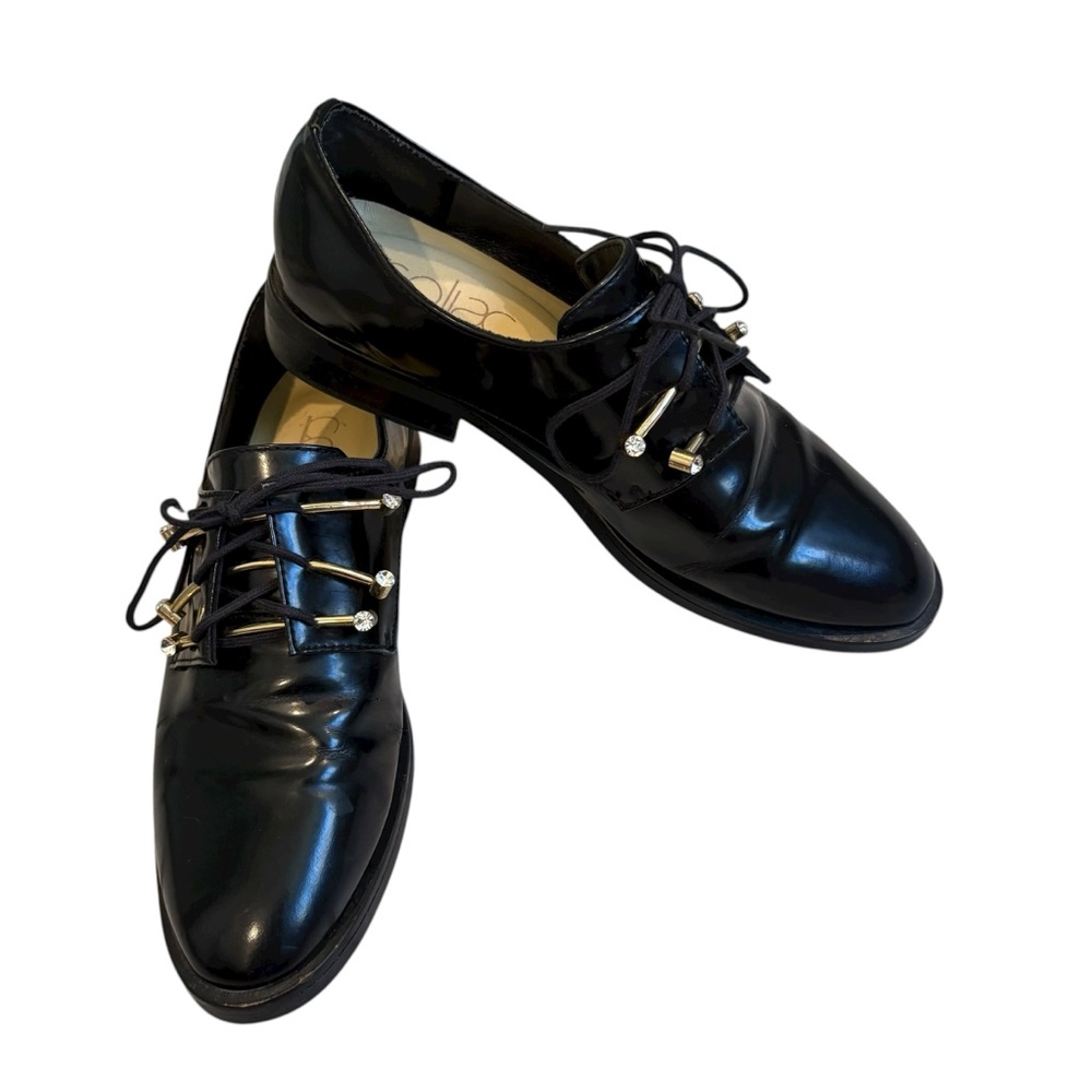Coliac Black Patent Leather Embellished Lace Up Oxfords, Sz Eu 37